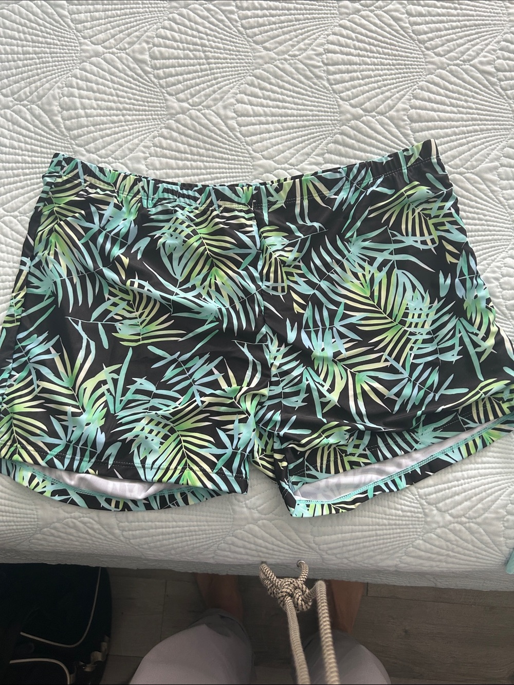 Black Swim Bermudas with Green Tropical Leaf Print - Women's